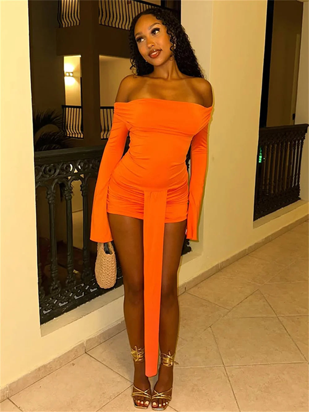 Slash Neck Lace Up Dress Women Elegant Solid Stretchy Long Flare Sleeve Autumn Party Midnight Club Skinny Bodycon