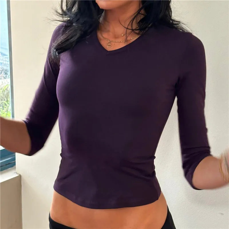 Y2K Women Solid V Neck 3/4 Sleeve Cropped Top Stretchy Slim Fitted Basic T Shirt Casual Daily Short Blouse Spring Autumn