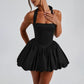 Women Fashion Cocktail Mini Dress Solid/Dots Print Halter Neck Bubble Dress Tie Up A Line Dress Sexy Corset Club Dresses