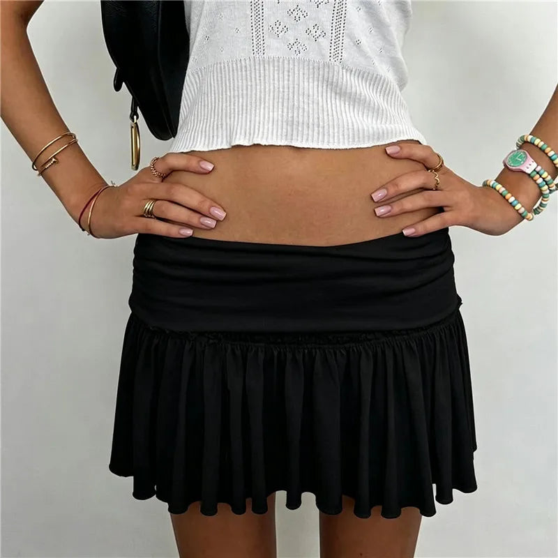 Women Low Waist Fold Over Pleated Mini Skirt Y2K Ruched Flared A Line Short Skirt Summer Casual Fairy Skirt