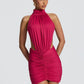 Halter High Neck Sexy Mini Dress Women Elegant Draped Ruched Waist Cutout Bodycon Cocktail Club Party Dress Fashion