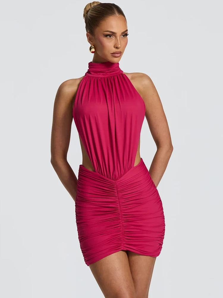 Halter High Neck Sexy Mini Dress Women Elegant Draped Ruched Waist Cutout Bodycon Cocktail Club Party Dress Fashion