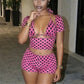 Women Polka Dot 3Piece Outfit Halter Bikini Crop Top Short Sleeve Cover Up+Shorts Sexy Club Party Night Out Matching Set