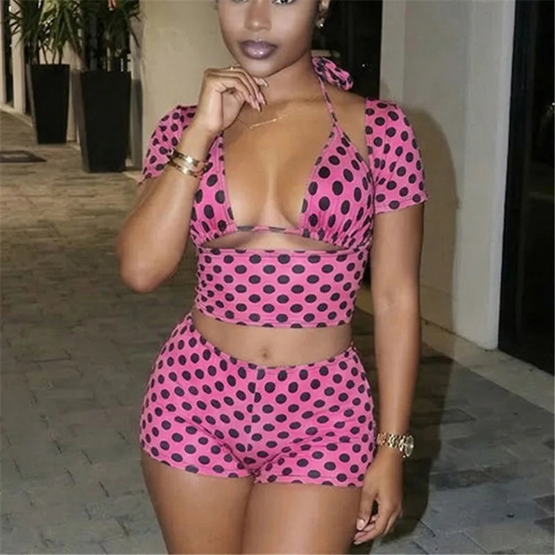 Women Polka Dot 3Piece Outfit Halter Bikini Crop Top Short Sleeve Cover Up+Shorts Sexy Club Party Night Out Matching Set