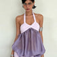 Ruched Elegant Mini Dress Woman Lace-Up Halter Low-Neck Mesh Patchwork Shirring Skinny Peach Hip Sexy Fashion Bodycon