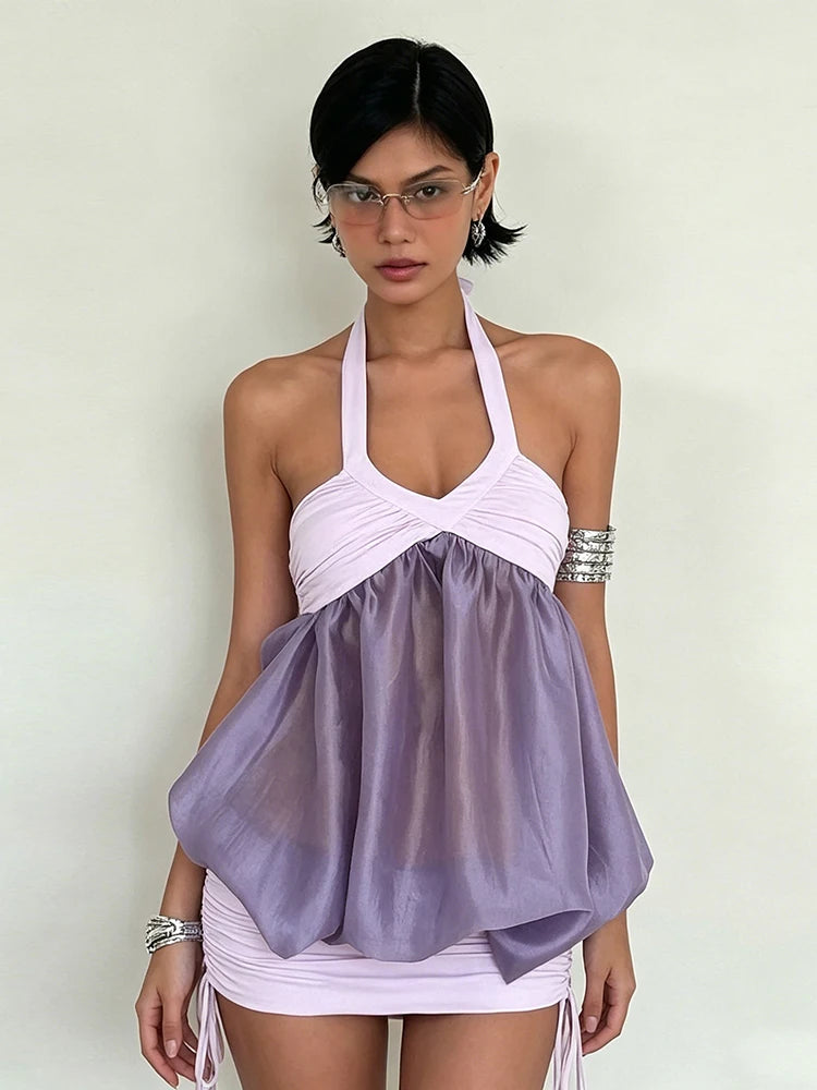 Ruched Elegant Mini Dress Woman Lace-Up Halter Low-Neck Mesh Patchwork Shirring Skinny Peach Hip Sexy Fashion Bodycon