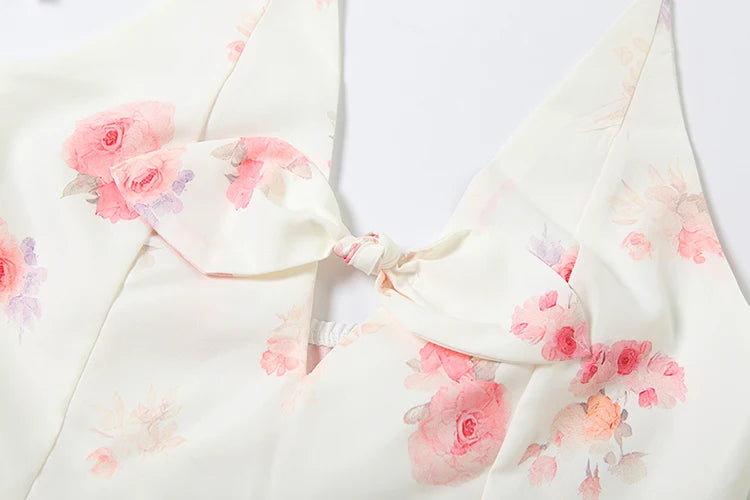 Romantic Flower Print 2-Piece Set Women Halter Bandage Bows Ruffles Backless Camisole+Long Skirts Vacation Clubwear
