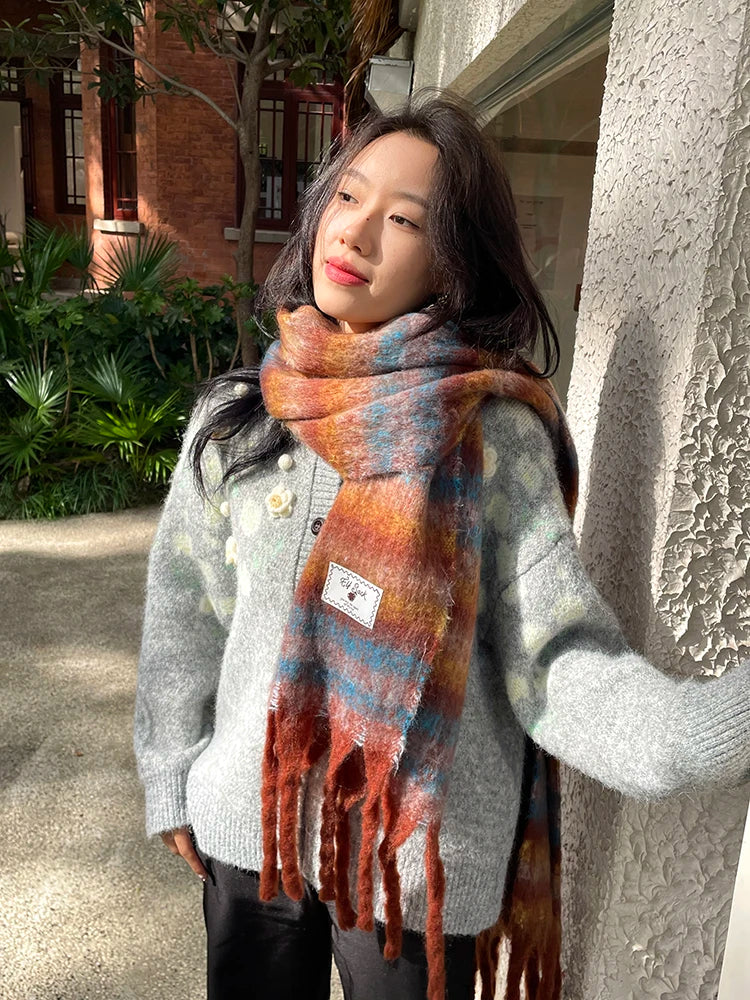 Warm Dopamine Color Block Rainbow Fringe Scarf For Women