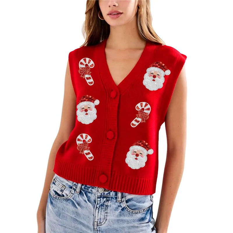 Women Xmas Sleeveless Knit Sweater Vest V Neck Button Down Cropped Waistcoat Sequin Patch Holiday Party Knit Gilet
