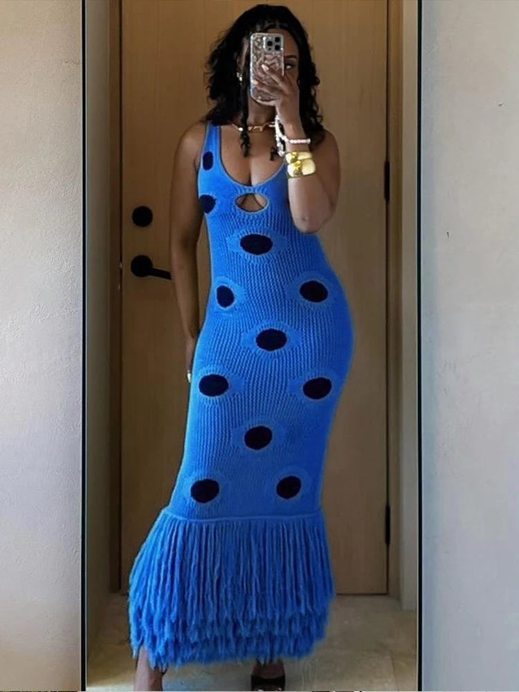 Knit Women Dress Beach Vacation Skinny Stretch Sleeveless Hollow Dot Tassel Hem Elegant Sexy Midnight Maxi Bodycon