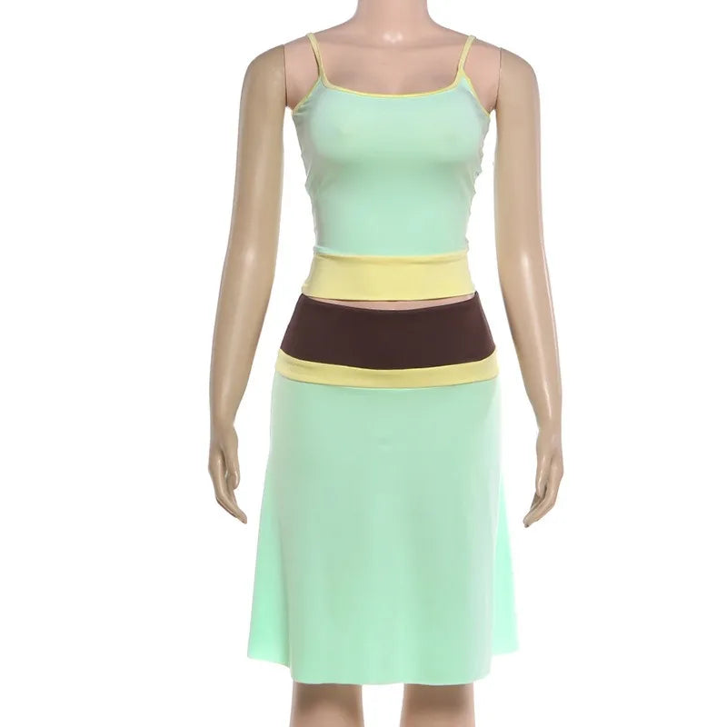 2 Pcs Woman Outfit Colorblock Camisole Top and Midi Skirt Matching Sets