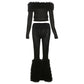 Fluff Patchwork Jacquard 2 Piece Set Women Sexy Slash Neck Crop Top+Skinny Elastic Pants Matching Street Trend Suit