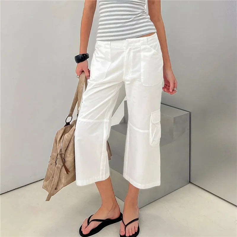 Women Solid Cargo Capri Pants Low Waist Multi Pockets Loose Wide Leg Cropped Trousers Y2K Summer Streetwear Pants