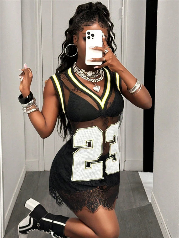 Mesh Patchwork Sexy Dress Women Contrast Number Print V-Neck Backless Sleeveless Sporty Style Fashion Mini Bodycon