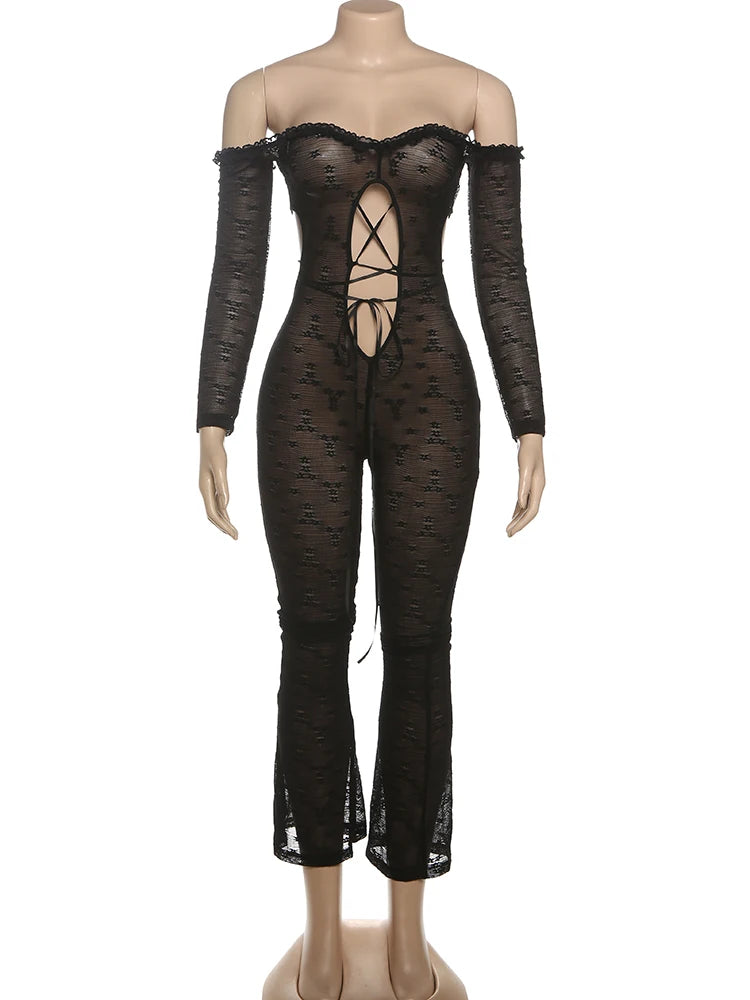 Sexy Hollow Women Jumpsuits Autumn Trend Off Shoulder Backless Full Sleeve Skinny Peach Hip Club Coquette Overalls