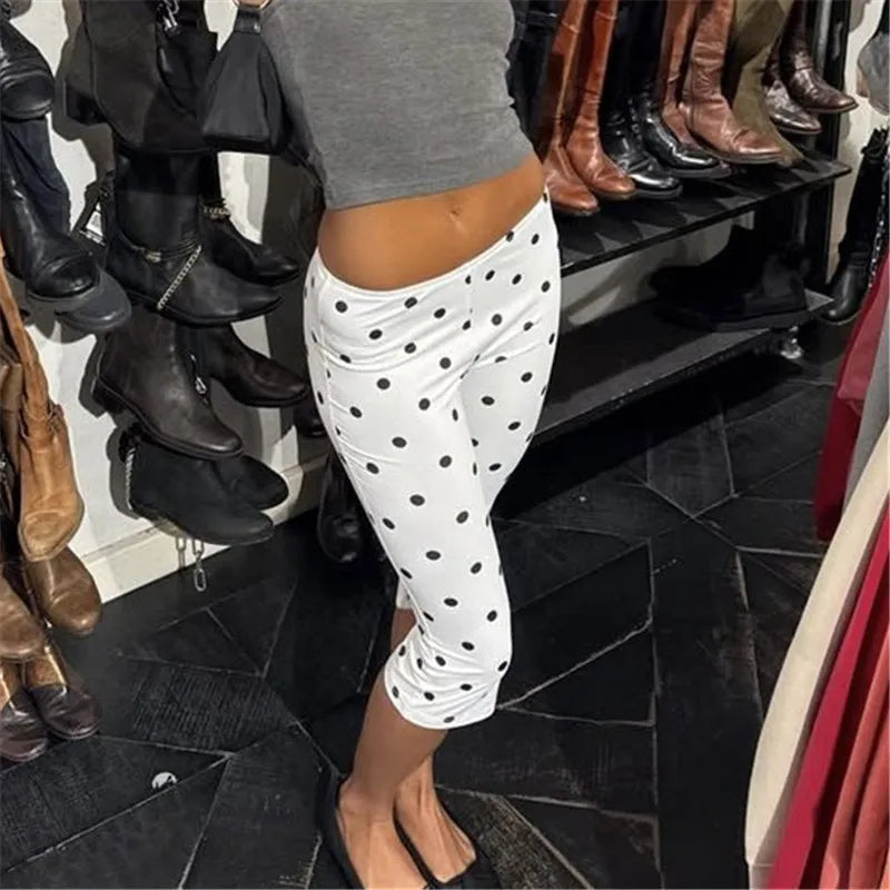 Women's Low Waist Polka Dot Capri Pants Slim Fit Cropped Leggings Casual Y2K Streetwear Summer Bodycon Trousers
