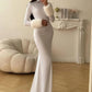 Sexy Furry Sleeve Dress Women O-Neck Autumn Trend Elegant Simple Christmas Birthday Party Stretch Skinny Maxi Bodycon
