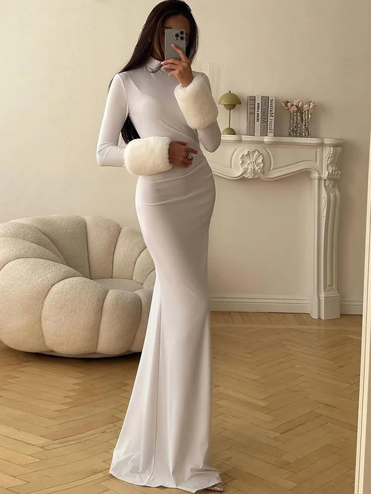 Sexy Furry Sleeve Dress Women O-Neck Autumn Trend Elegant Simple Christmas Birthday Party Stretch Skinny Maxi Bodycon
