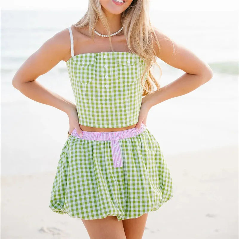 Women Gingham Plaid 2 Piece Outfit Spaghetti Strap Button Front Crop Cami Top Bubble Mini Skirt Summer Beach Vacation