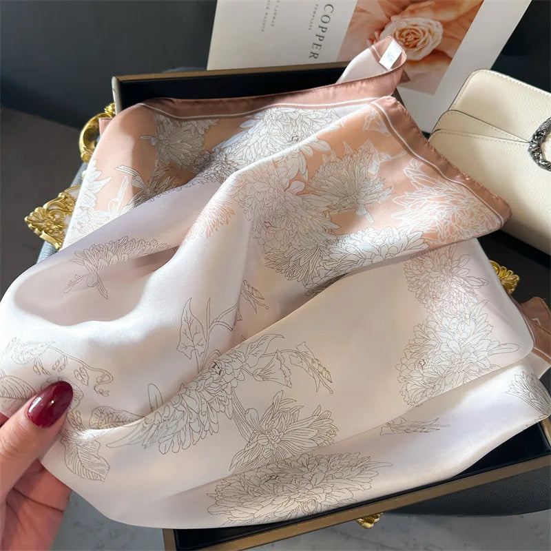 Luxury Floral Print 70cm Square Silk Scarf Women Designer Scarves Bandana Foulard Shawl Hijab Echarpe Hairband Tie Ribbon