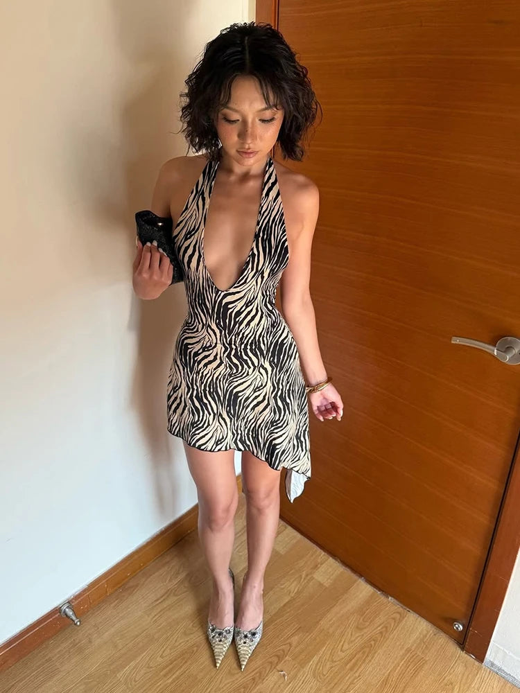 Zebra Print Halter Dress Women Wild Trend Sexy Backless Deep V-Neck Bandages Irregular Hem Sexy Street Party Clubwear