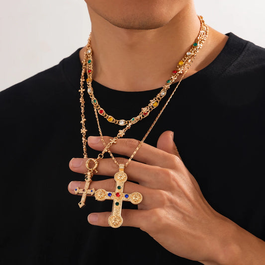 3Pcs Luxury Inlaid Rhinestone Imitating Pearl Chain Necklace Vintage Jesus Cross Pendant Choker Christian Jewelry Men