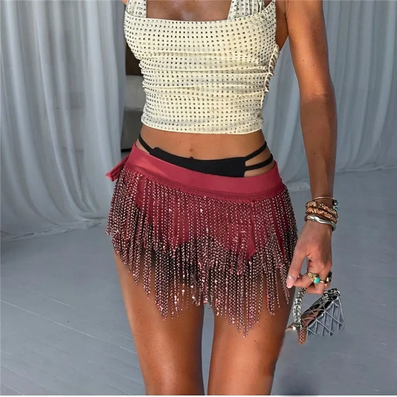 Women Festival Beaded Fringe Wrap Skirt Tie Waist Sparkly Tassel Mini Skirt Beach Swimsuit Cover Up Belly Dance Skirt