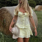Women Aesthetic Skirts Set Y2k Ruched Button Up Crop Top + Skirt Vintage Puff Sleeve Milkmaid Tees Sweet Girl Streetwear
