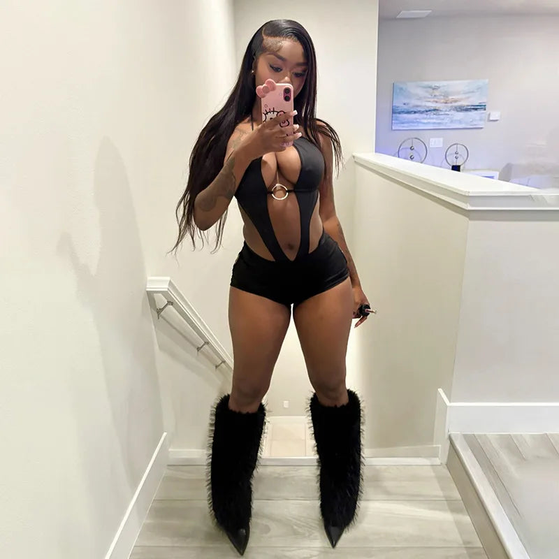 Women's Sexy Halter Neck Cutout Ring Detail Romper Backless Tie Up Bodycon Short Jumpsuit Y2K Rave Festival Outfit