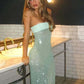Sequined Strapless Backless Split Maxi Dress with Mesh Scarf Woman Elegant Evening Gown Party Dresses