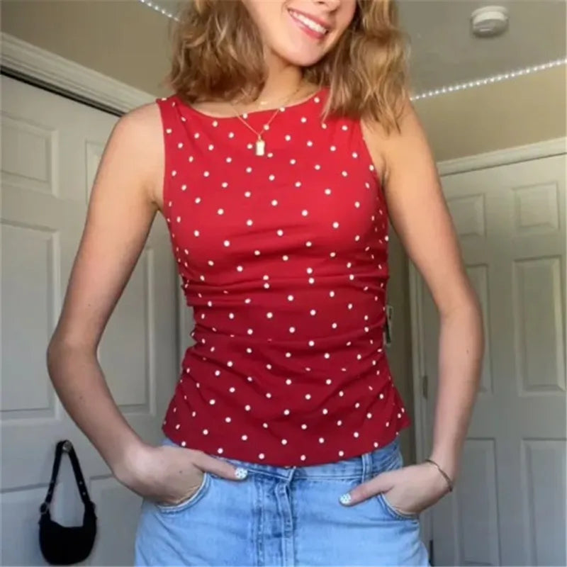 Women's Y2K Polka Dot Sleeveless Tank Top Boat Neck Ruched Side Back Tie Knot Cropped Blouse Casual Summer Streetwear