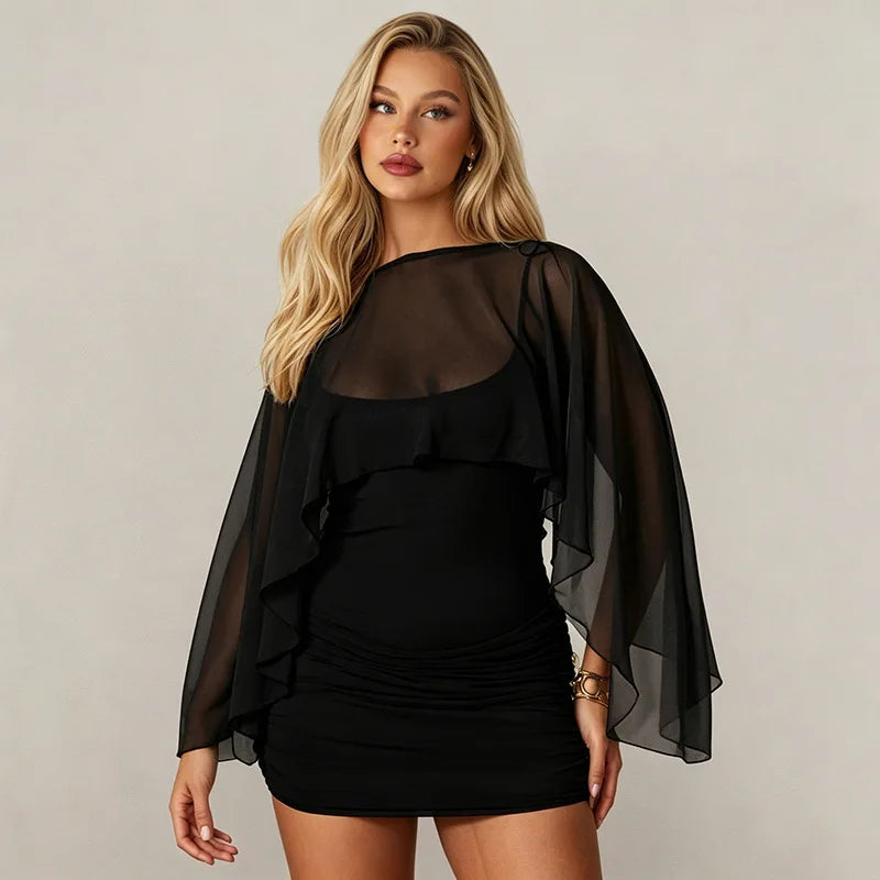 Ruched Mini Bodycon Dress with Sheer Chiffon Cape Sexy Summer Dresses 2026 Woman Clothing