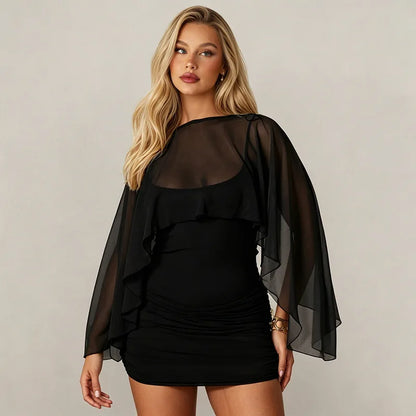 Ruched Mini Bodycon Dress with Sheer Chiffon Cape Sexy Summer Dresses 2026 Woman Clothing