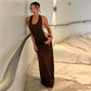 Women Halter Neck Backless Maxi Dress Side Cutout Sleeveless Bodycon Long Dress Metal Buckle Detail Evening Party Gown