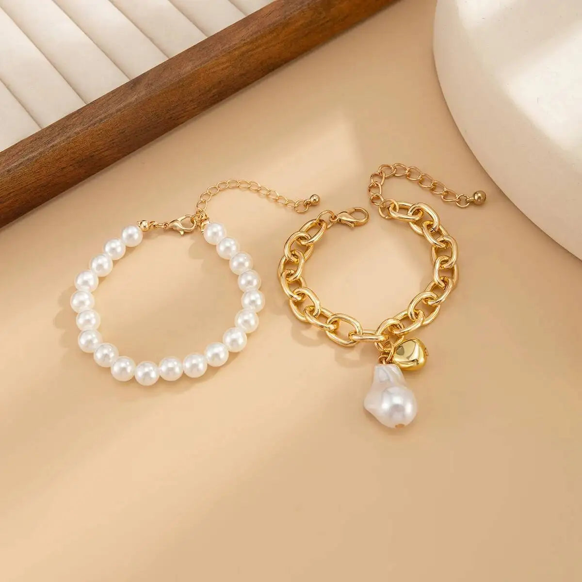 Boho Imitation Pearls Beads Bracelets Women Retro Elegant Irregular Geometry Metal Pendant Hand Chain New Year Jewelry