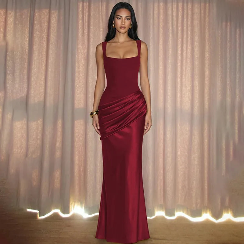 Square Neck Sleeveless Satin Splicing Ruched Maxi Dress Burgundy Black Elegant Evening Dresses Wedding