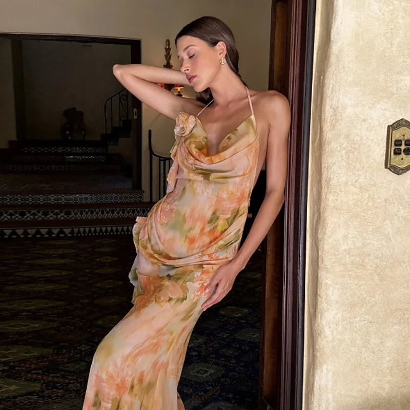 Floral Print Mesh Long Flowy Dresses for Summer 2025 Elegant Sexy Backless Maxi Dress Woman Resort Wear