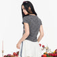 Fake Two-Piece Crop Top, Retro FERAL 66 Print Lace Bow Tee, Slim Short Sleeve T-shirt for Women