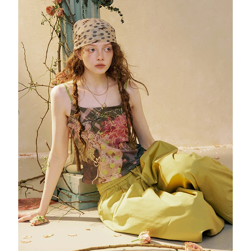 Women's Y2K Cami Top with Fairy Floral Print, Vintage Grunge Spaghetti Strap Camisole, Retro Aesthetic Sleeveless Top