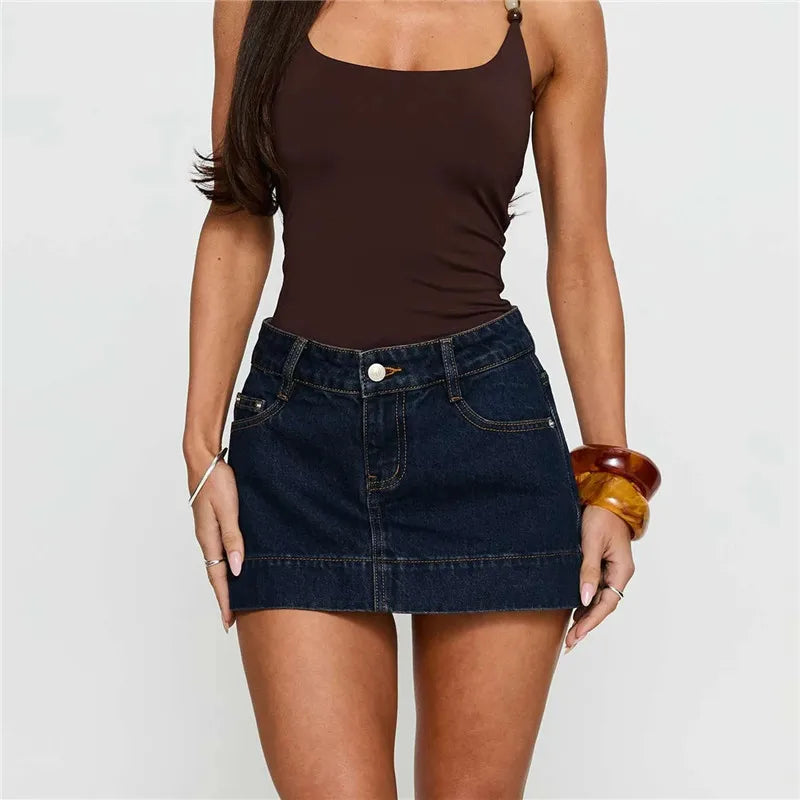 Retro Washed Micro Denim Skirt Ladies Low Rise Contrast Seam Hem Slim Fit High Cut Short Jean Skirt Concert Party Bottom
