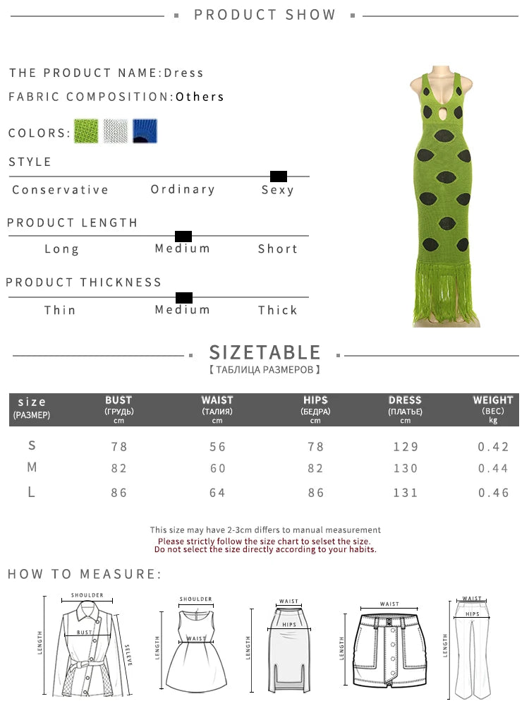 Knit Women Dress Beach Vacation Skinny Stretch Sleeveless Hollow Dot Tassel Hem Elegant Sexy Midnight Maxi Bodycon