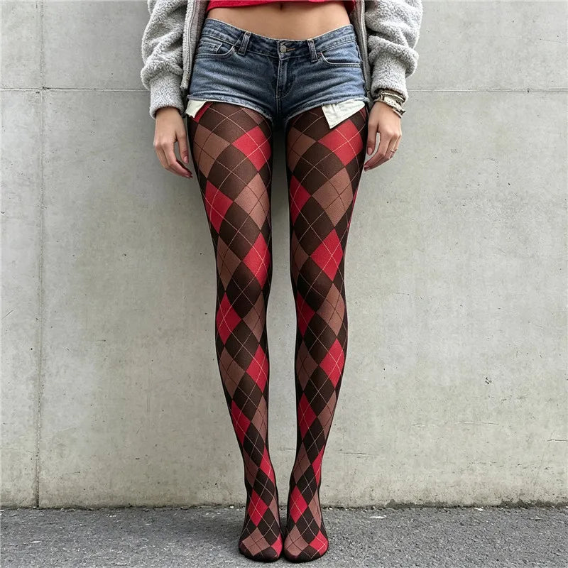 Women Vintage Argyle Pantyhose Classic Diamond Pattern Sheer Mesh Tights Fashion Printed Hosiery Party Cosplay Stockings