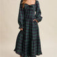 Women Christmas Tartan Plaid Tiered Maxi Dress Square Neck Lace Trim Bow Long Puff Sleeve Smocked Back Ruffle Hem Dress