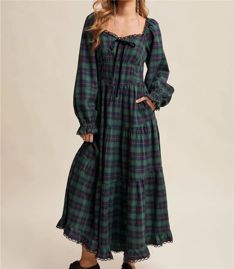 Women Christmas Tartan Plaid Tiered Maxi Dress Square Neck Lace Trim Bow Long Puff Sleeve Smocked Back Ruffle Hem Dress