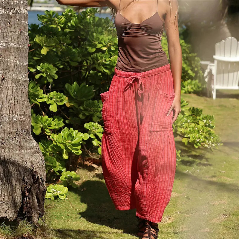 Women Boho Striped Baggy Loose Fit Palazzo Harem Pants Y2k Wide Leg Casual Going Out Beach Vacation Trousers