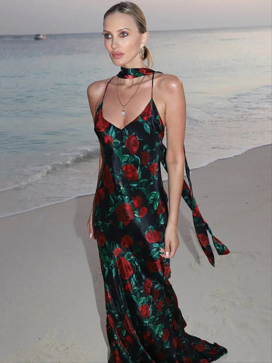 Halter Backless Print Sexy Maxi Dress For Women Gown Elegant Sleeveless High Waist Evening Club Party Long Dress