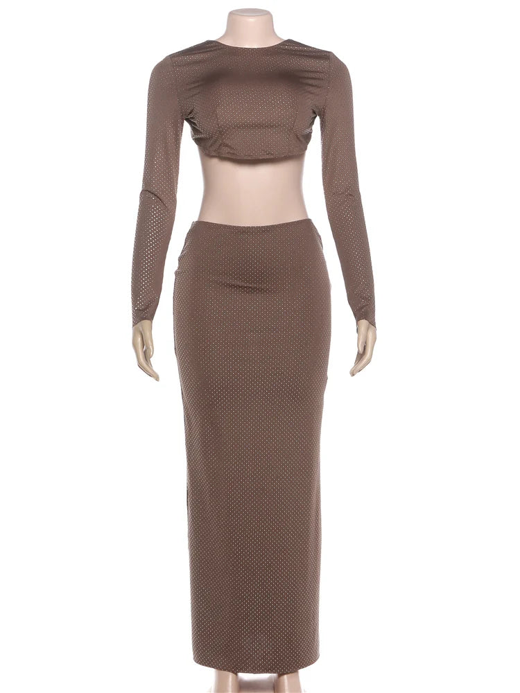 Waistless Long Dress Woman o-Neck Full Sleeve Rhinestone Decoration Backless Design Midnight Prom Party Elegant Vestidos