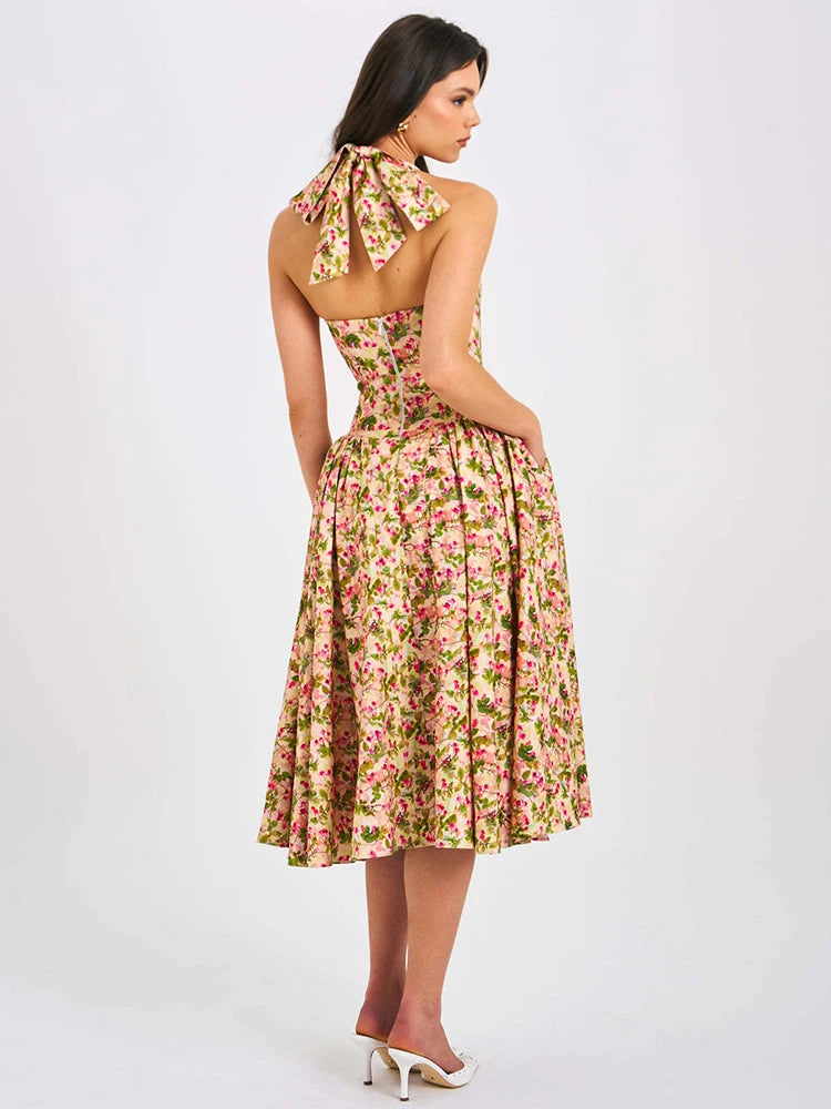 Women Halter Floral Print Sexy Midi Dress Sweetheart Neck Sleeveless Backless Pleated Bodycon Club Party Longdress