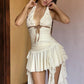 Folds Dress Women Bandage Bow Halter v-Neck Backless Sleeveless Skinny Fashion Ruffles Tassel Summer Party Mini Bodycon