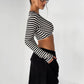 Stripes Print Crop Tops Woman Autumn Trend Low-Neck Full Sleeve Skinny Stretch High Street Versatile Style T-Shirts